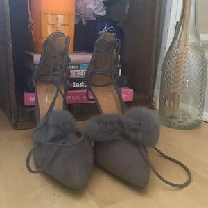 Yoki grey lace up heel with fuzzy Pompoms. 8.5